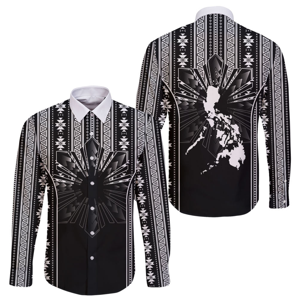 Mabuhay Philippines Festival Family Matching Puletasi and Hawaiian Shirt Filipino Map Black White Igorot Pattern LT14 Dad's Shirt - Long Sleeve Black - Polynesian Pride