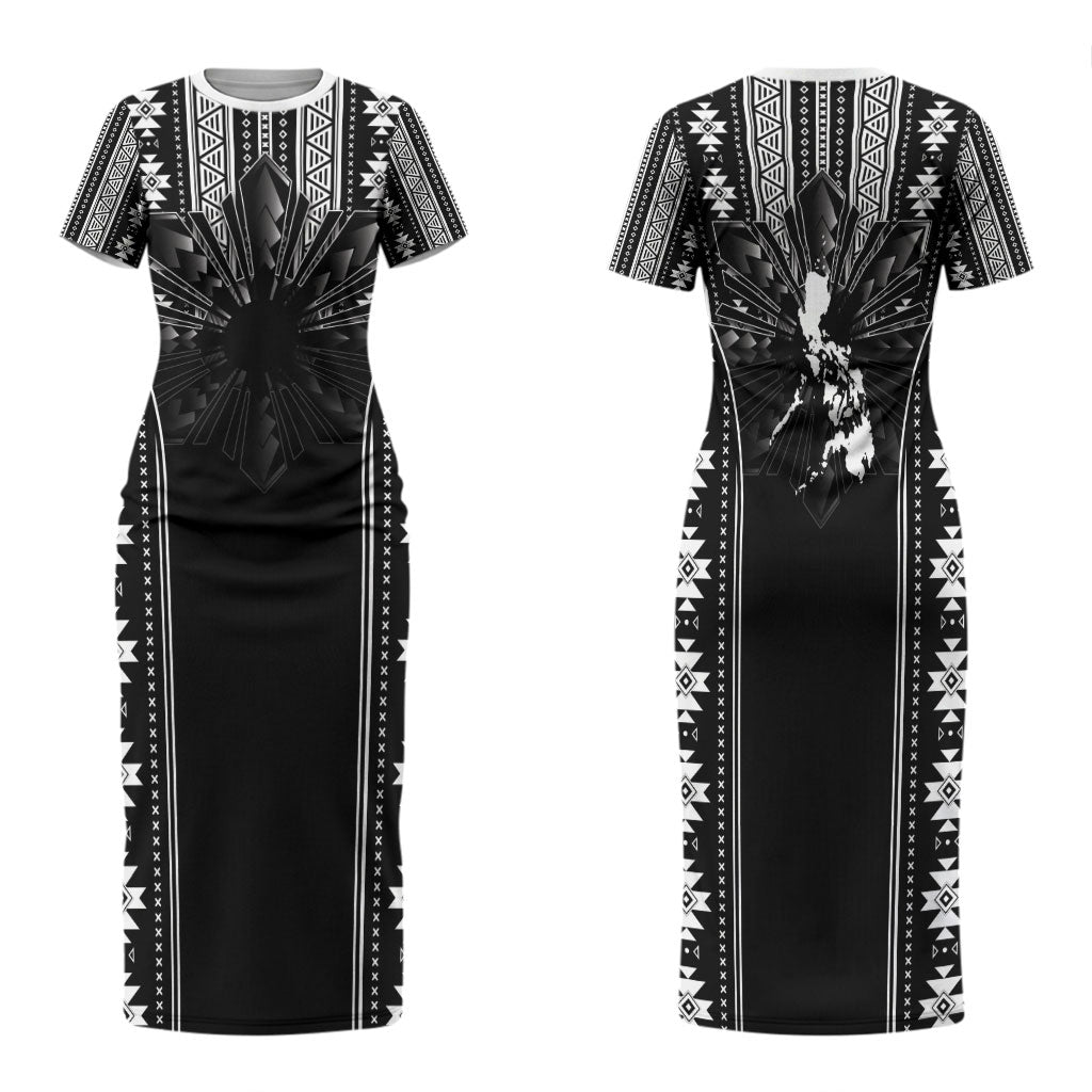 Mabuhay Philippines Festival Family Matching Short Sleeve Bodycon Dress and Hawaiian Shirt Filipino Map Black White Igorot Pattern LT14 Mom's Dress Black - Polynesian Pride
