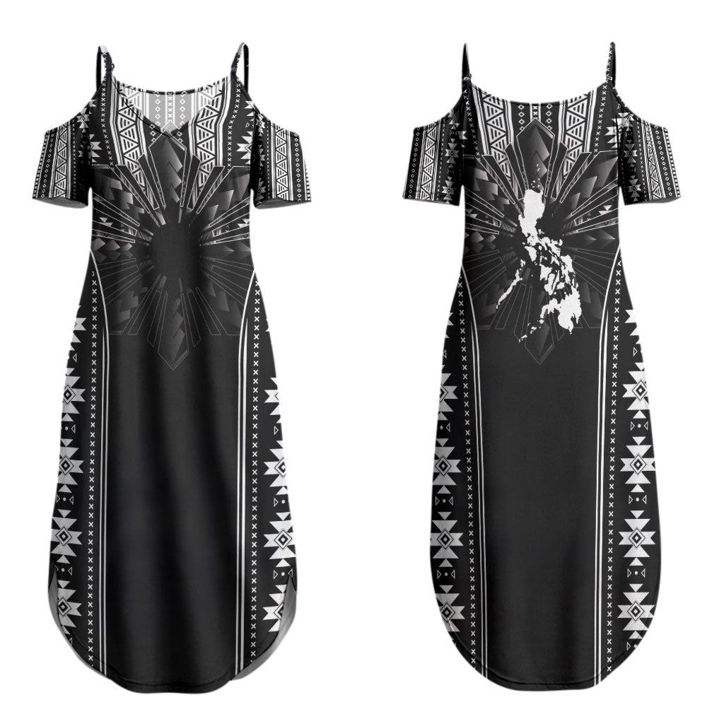 Mabuhay Philippines Festival Family Matching Summer Maxi Dress and Hawaiian Shirt Filipino Map Black White Igorot Pattern LT14 Mom's Dress Black - Polynesian Pride