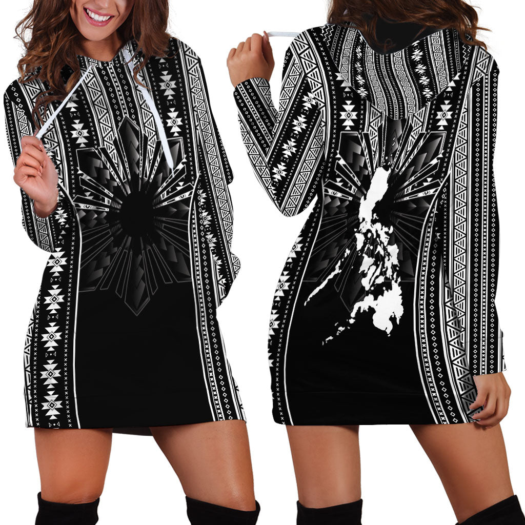 Mabuhay Philippines Festival Hoodie Dress Filipino Map Black White Igorot Pattern LT14 - Polynesian Pride