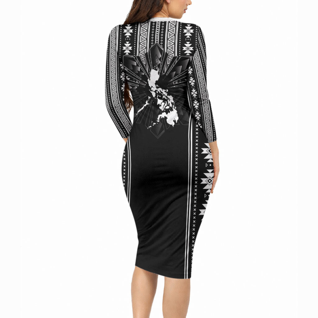 Mabuhay Philippines Festival Long Sleeve Bodycon Dress Filipino Map Black White Igorot Pattern LT14 - Polynesian Pride