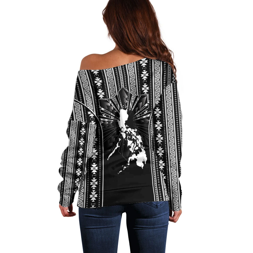 Mabuhay Philippines Festival Off Shoulder Sweater Filipino Map Black White Igorot Pattern LT14 - Polynesian Pride