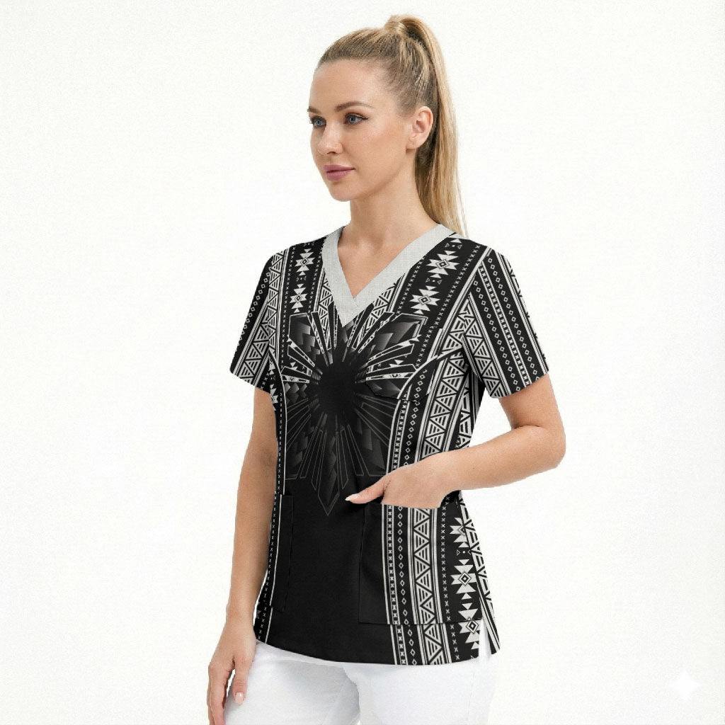 Mabuhay Philippines Festival Scrub Top Filipino Map Black White Igorot Pattern LT14 - Polynesian Pride