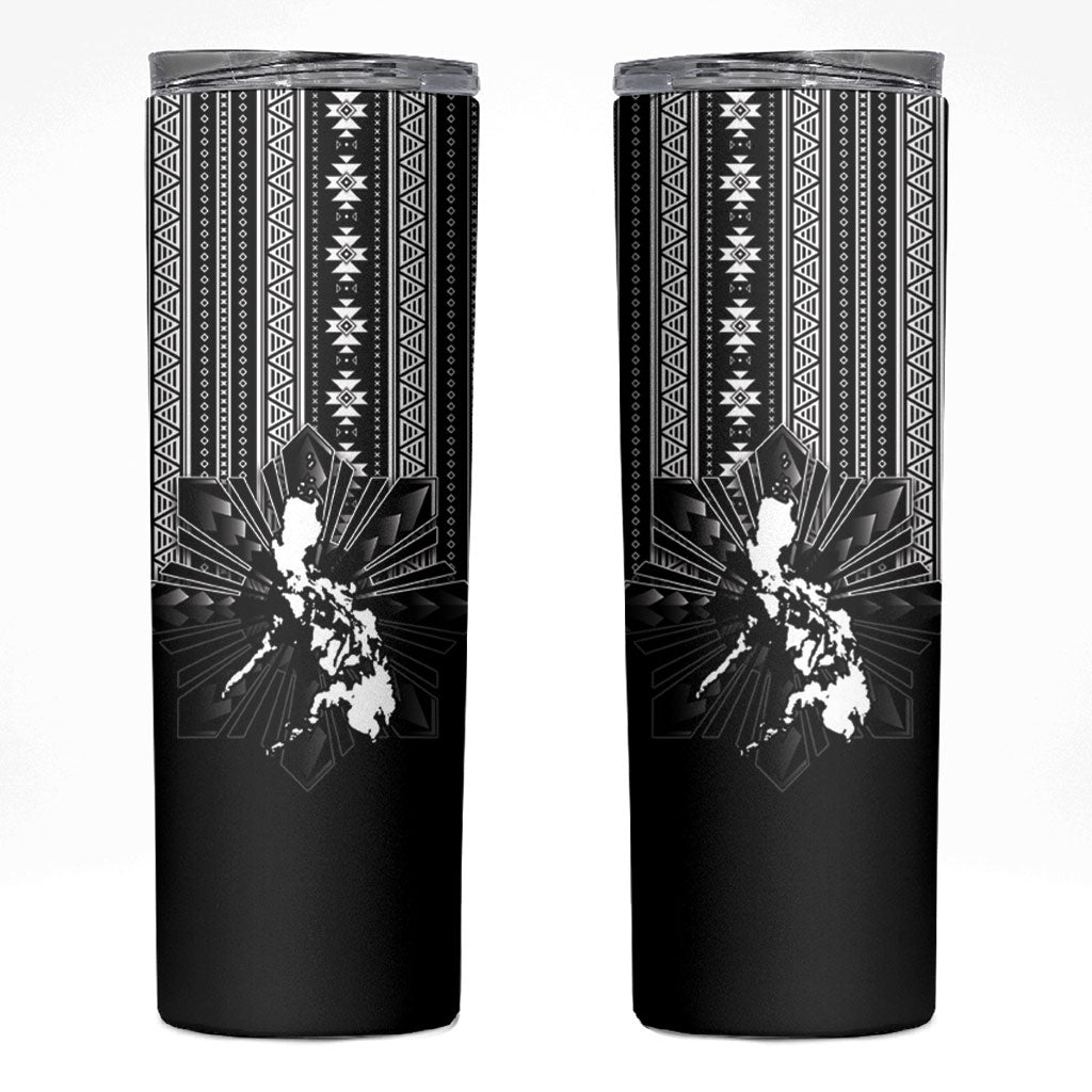 Mabuhay Philippines Festival Skinny Tumbler Filipino Map Black White Igorot Pattern LT14 Black - Polynesian Pride