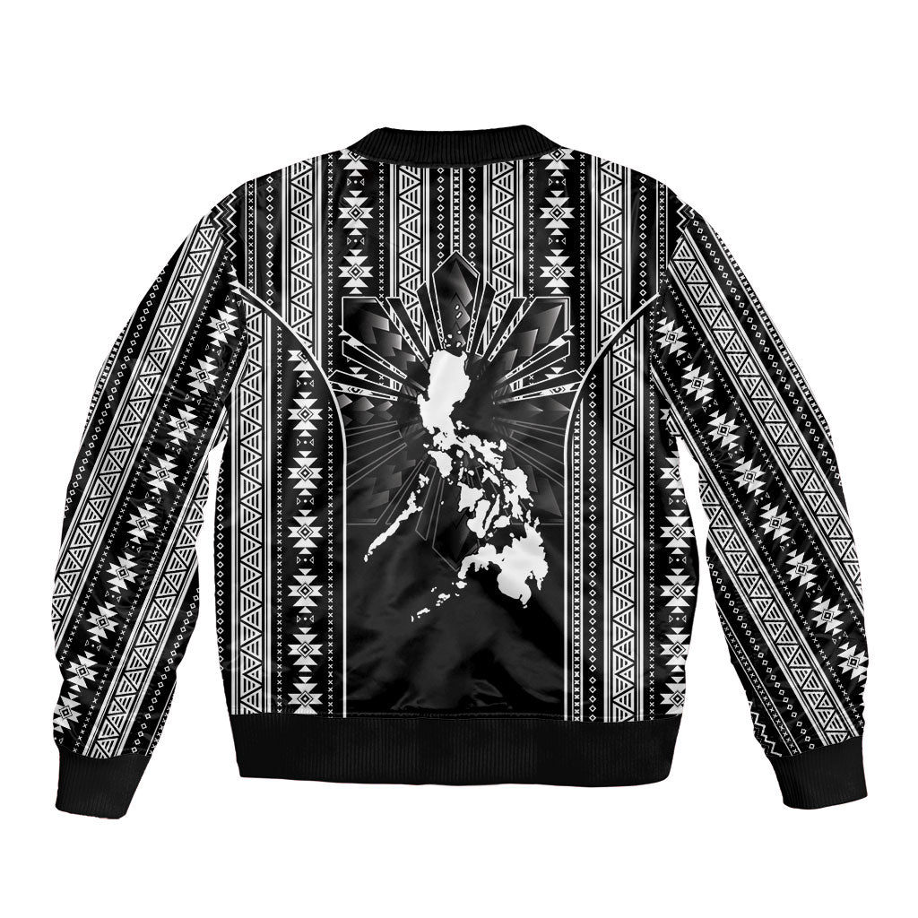 Mabuhay Philippines Festival Sleeve Zip Bomber Jacket Filipino Map Black White Igorot Pattern LT14 - Polynesian Pride