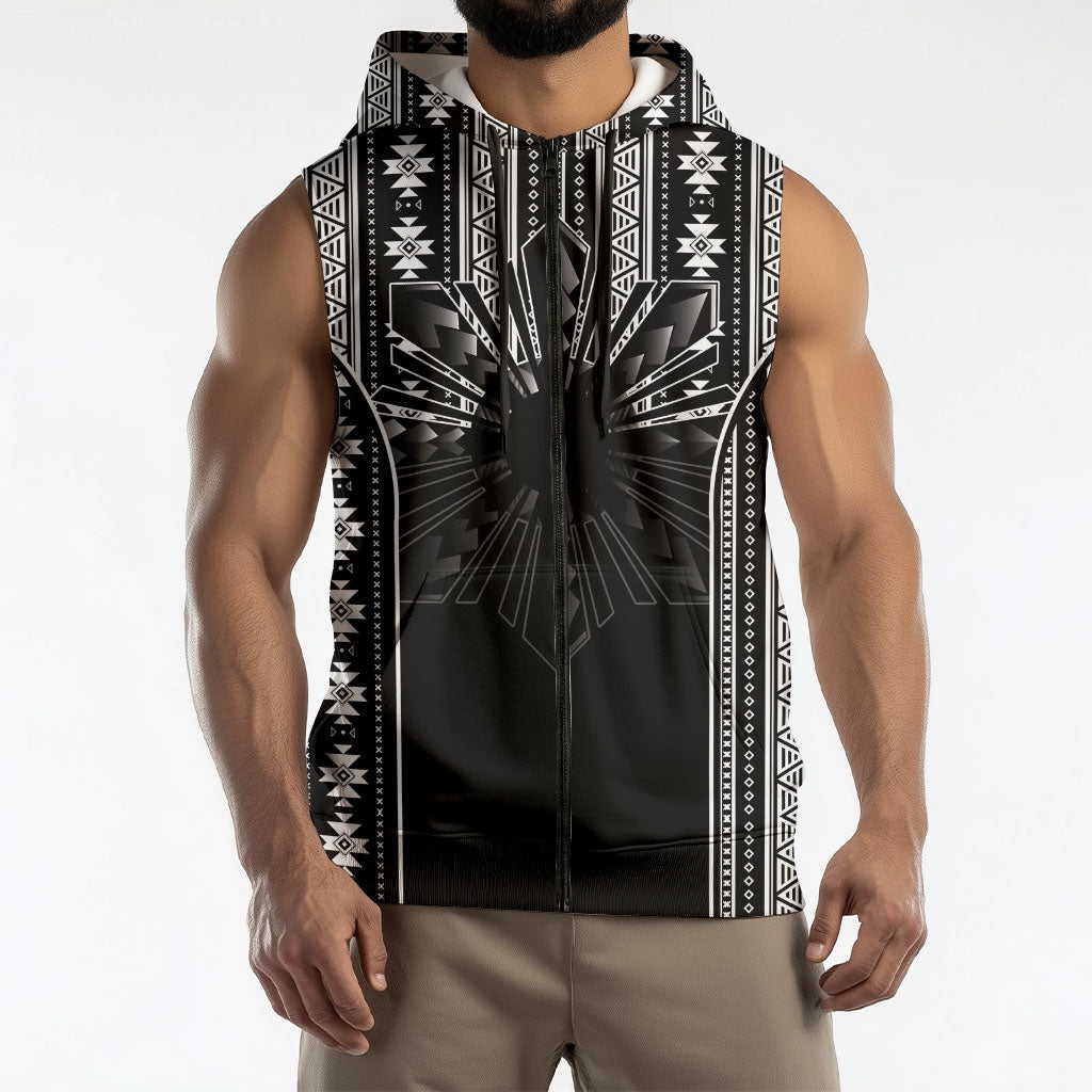 Mabuhay Philippines Festival Sleeveless Zip Hoodie Filipino Map Black White Igorot Pattern LT14 - Polynesian Pride