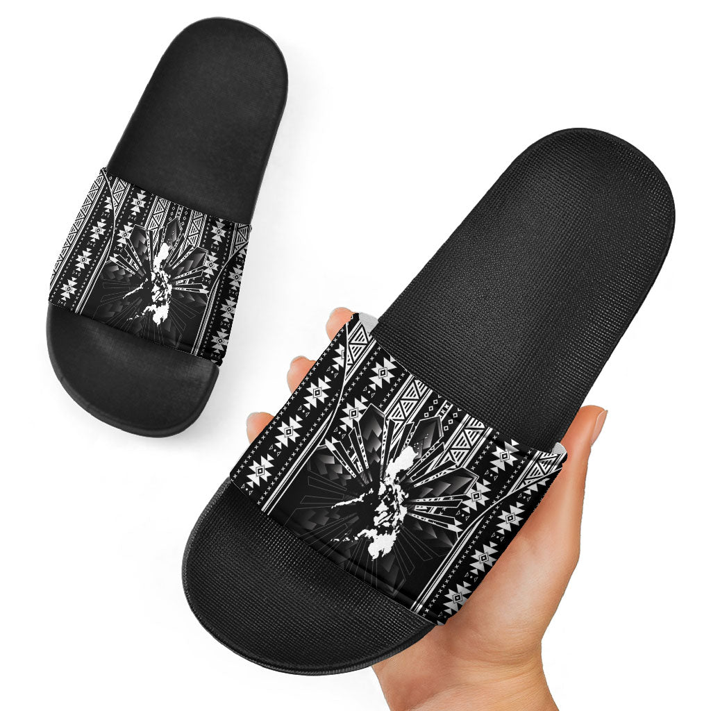 Mabuhay Philippines Festival Slide Sandals Filipino Map Black White Igorot Pattern LT14 - Polynesian Pride