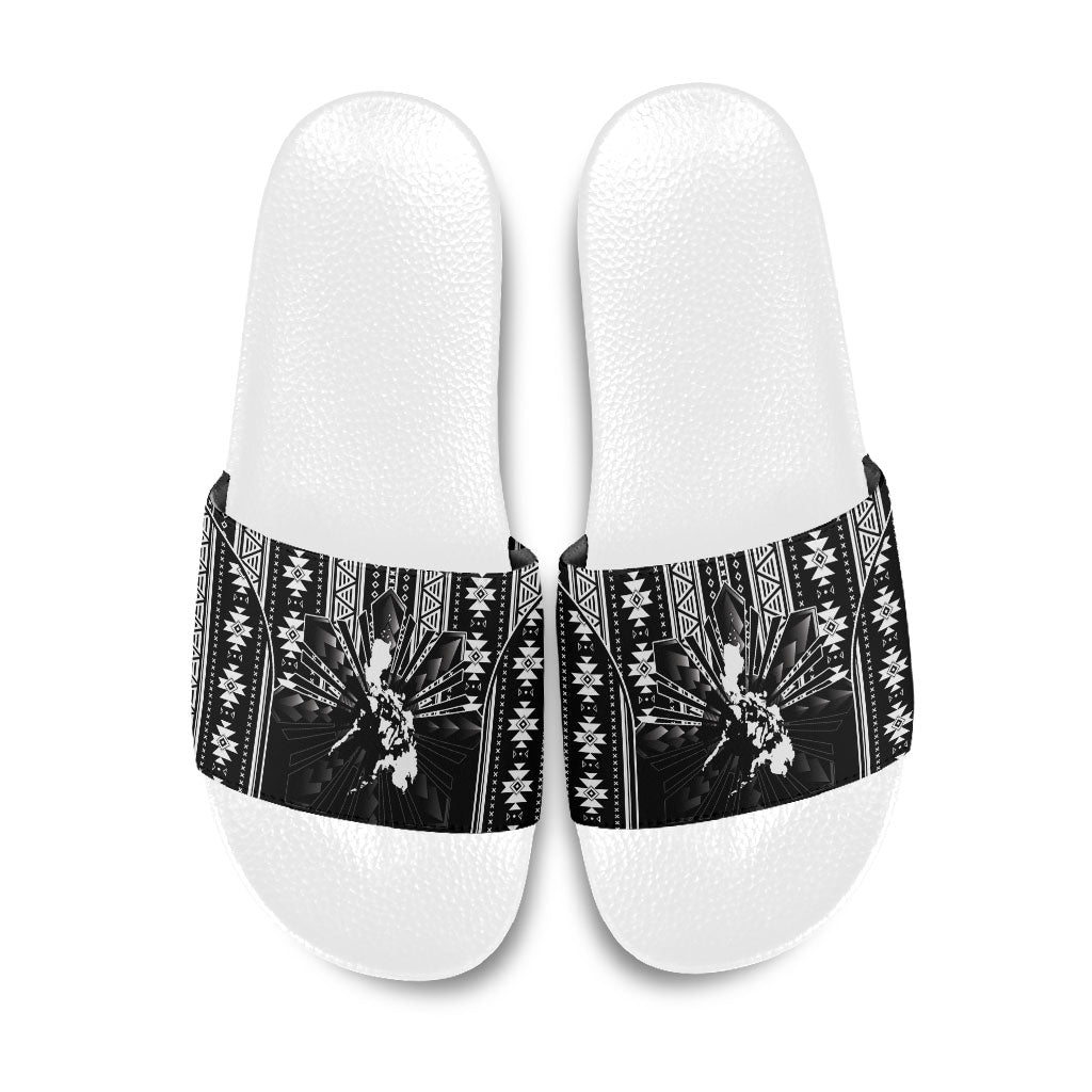 Mabuhay Philippines Festival Slide Sandals Filipino Map Black White Igorot Pattern LT14 Black - Polynesian Pride