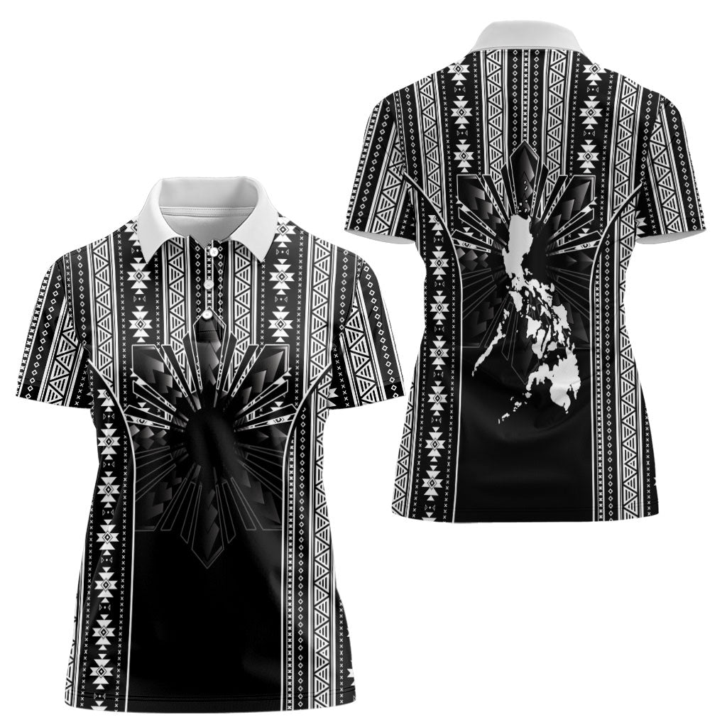 Mabuhay Philippines Festival Women Polo Shirt Filipino Map Black White Igorot Pattern LT14 - Polynesian Pride