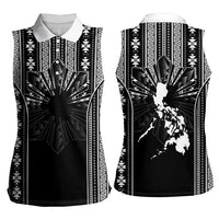 Mabuhay Philippines Festival Women Sleeveless Polo Shirt Filipino Map Black White Igorot Pattern LT14 - Polynesian Pride