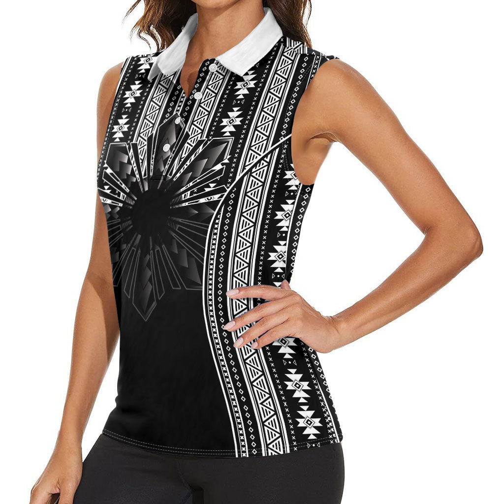 Mabuhay Philippines Festival Women Sleeveless Polo Shirt Filipino Map Black White Igorot Pattern LT14 - Polynesian Pride