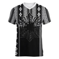 Mabuhay Philippines Festival Women V-Neck T-Shirt Filipino Map Black White Igorot Pattern LT14 Female Black - Polynesian Pride
