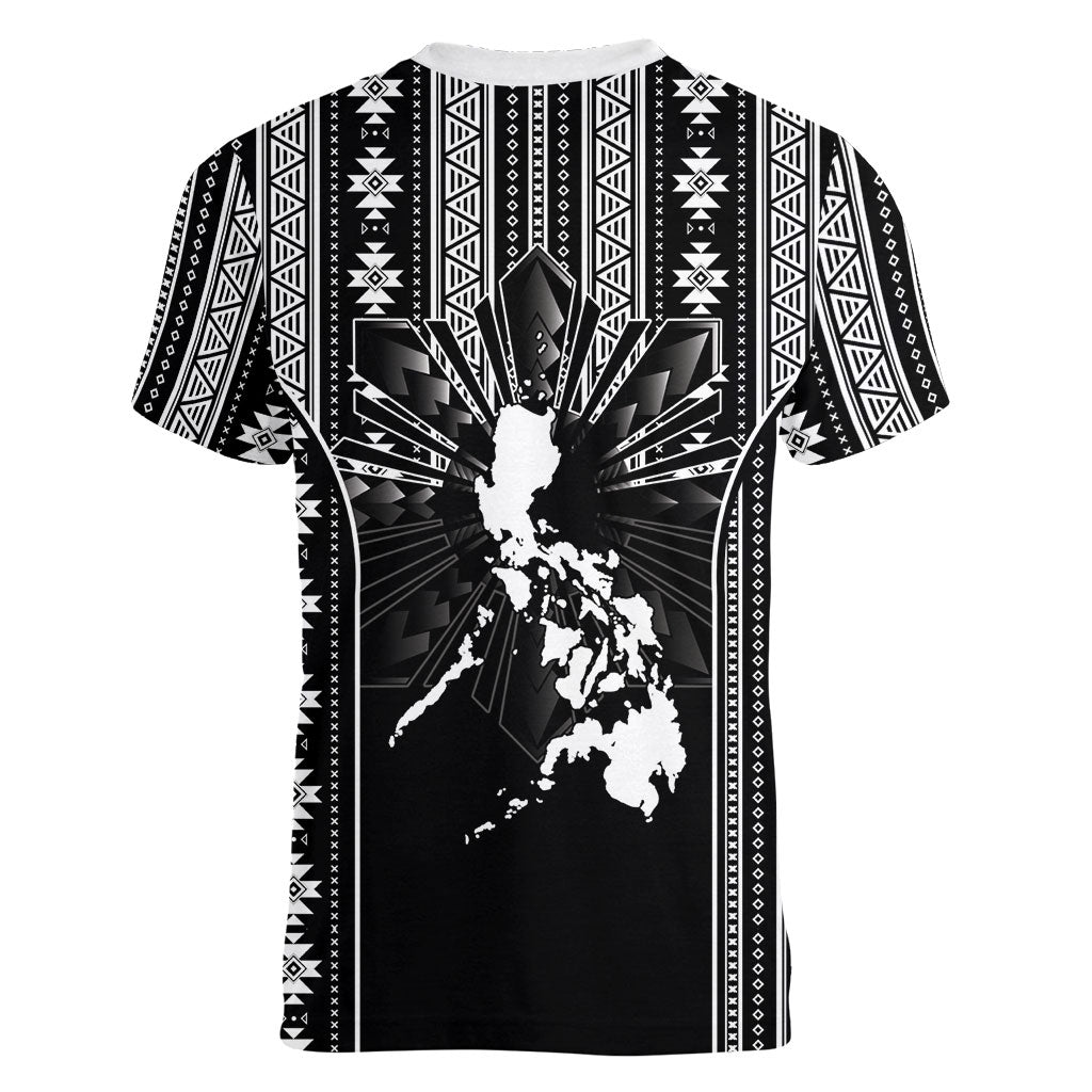 Mabuhay Philippines Festival Women V-Neck T-Shirt Filipino Map Black White Igorot Pattern LT14 - Polynesian Pride