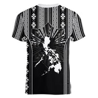 Mabuhay Philippines Festival Women V-Neck T-Shirt Filipino Map Black White Igorot Pattern LT14 - Polynesian Pride