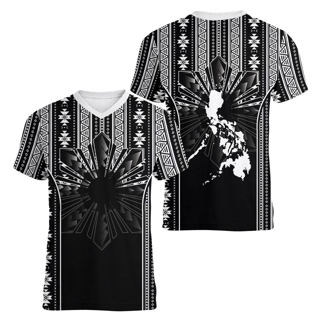 Mabuhay Philippines Festival Women V-Neck T-Shirt Filipino Map Black White Igorot Pattern LT14 - Polynesian Pride