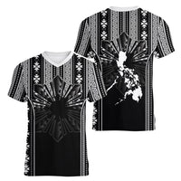 Mabuhay Philippines Festival Women V-Neck T-Shirt Filipino Map Black White Igorot Pattern LT14 - Polynesian Pride