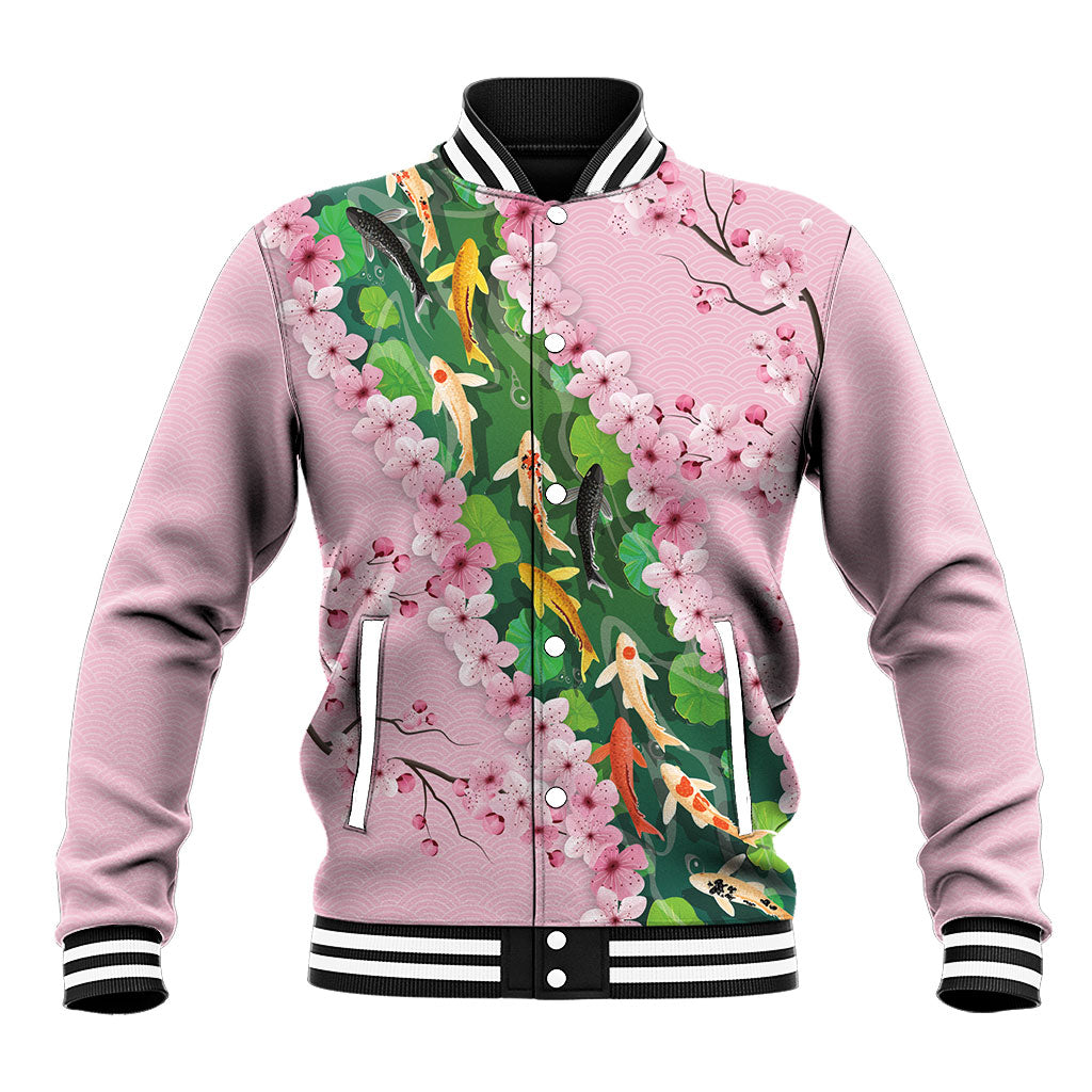 Koi Fish Sakura Japan Baseball Jacket Eternal Flow Cherry Blossom Seigaiha Pattern LT14 Unisex Pink - Polynesian Pride