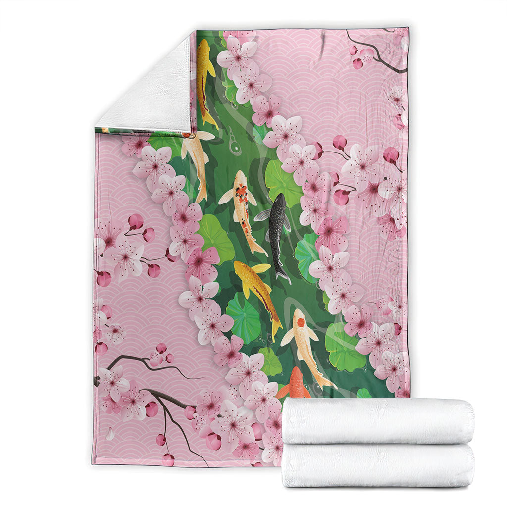 Koi Fish Sakura Japan Blanket Eternal Flow Cherry Blossom Seigaiha Pattern