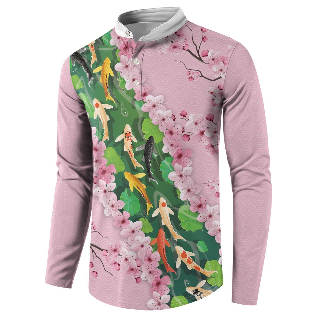 Koi Fish Sakura Japan Button Sweatshirt Eternal Flow Cherry Blossom Seigaiha Pattern