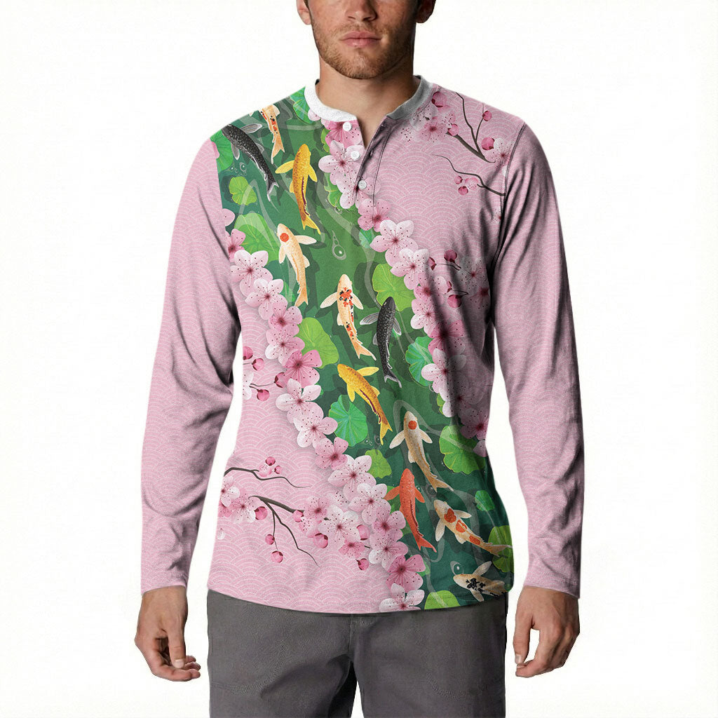 Koi Fish Sakura Japan Button Sweatshirt Eternal Flow Cherry Blossom Seigaiha Pattern