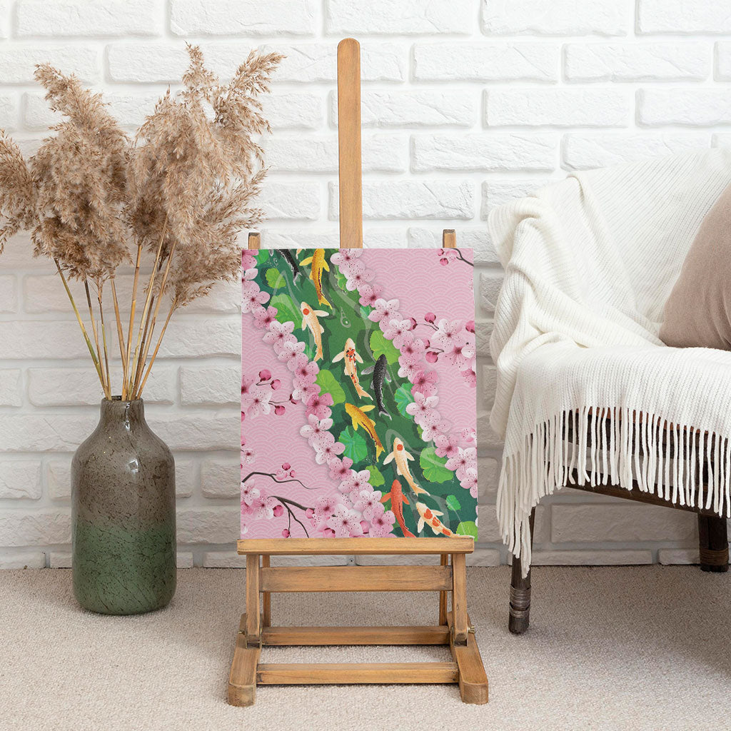 Koi Fish Sakura Japan Canvas Wall Art Eternal Flow Cherry Blossom Seigaiha Pattern