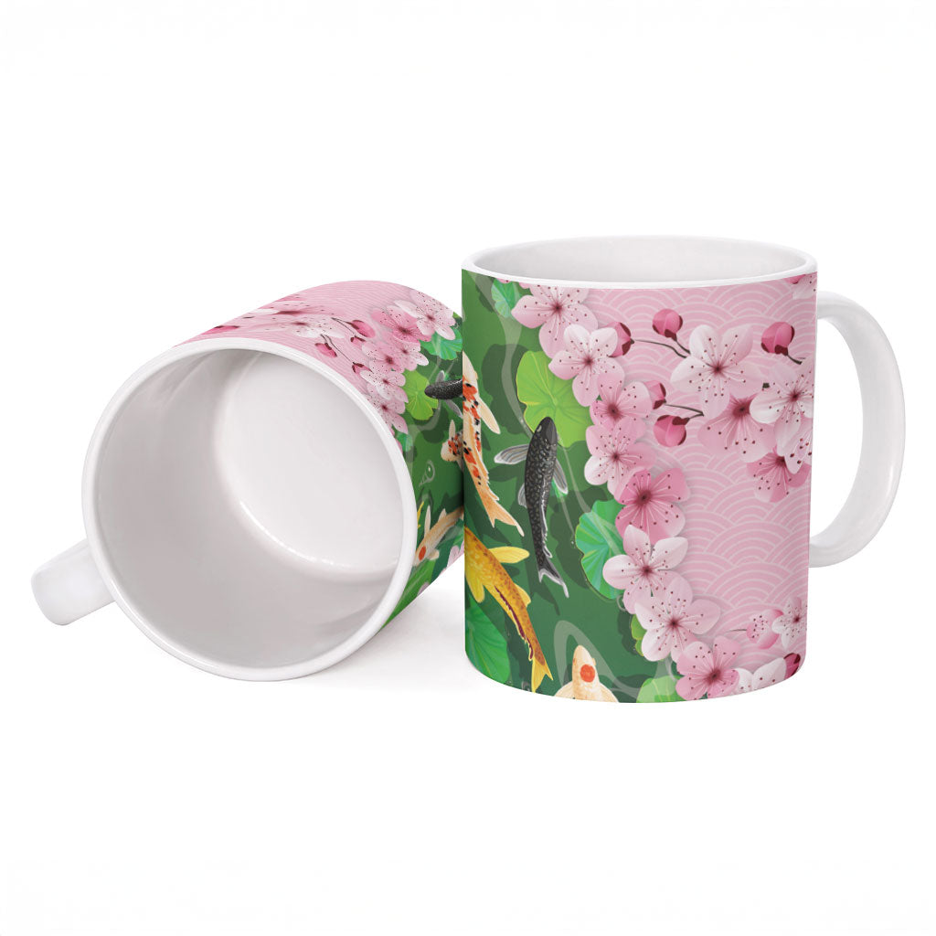 Koi Fish Sakura Japan Ceramic Mug Eternal Flow Cherry Blossom Seigaiha Pattern