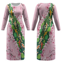 Koi Fish Sakura Japan Couples Matching Long Sleeve Bodycon Dress and Hawaiian Shirt Eternal Flow Cherry Blossom Seigaiha Pattern