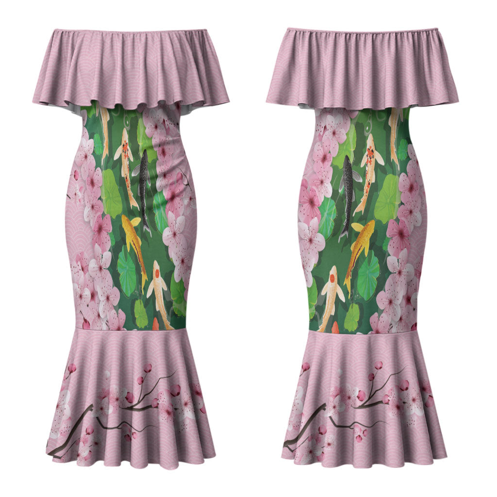 Koi Fish Sakura Japan Couples Matching Mermaid Dress and Hawaiian Shirt Eternal Flow Cherry Blossom Seigaiha Pattern