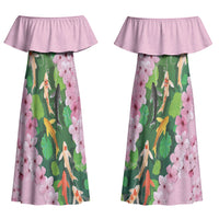Koi Fish Sakura Japan Couples Matching Off Shoulder Maxi Dress and Long Sleeve Button Shirt Eternal Flow Cherry Blossom Seigaiha Pattern
