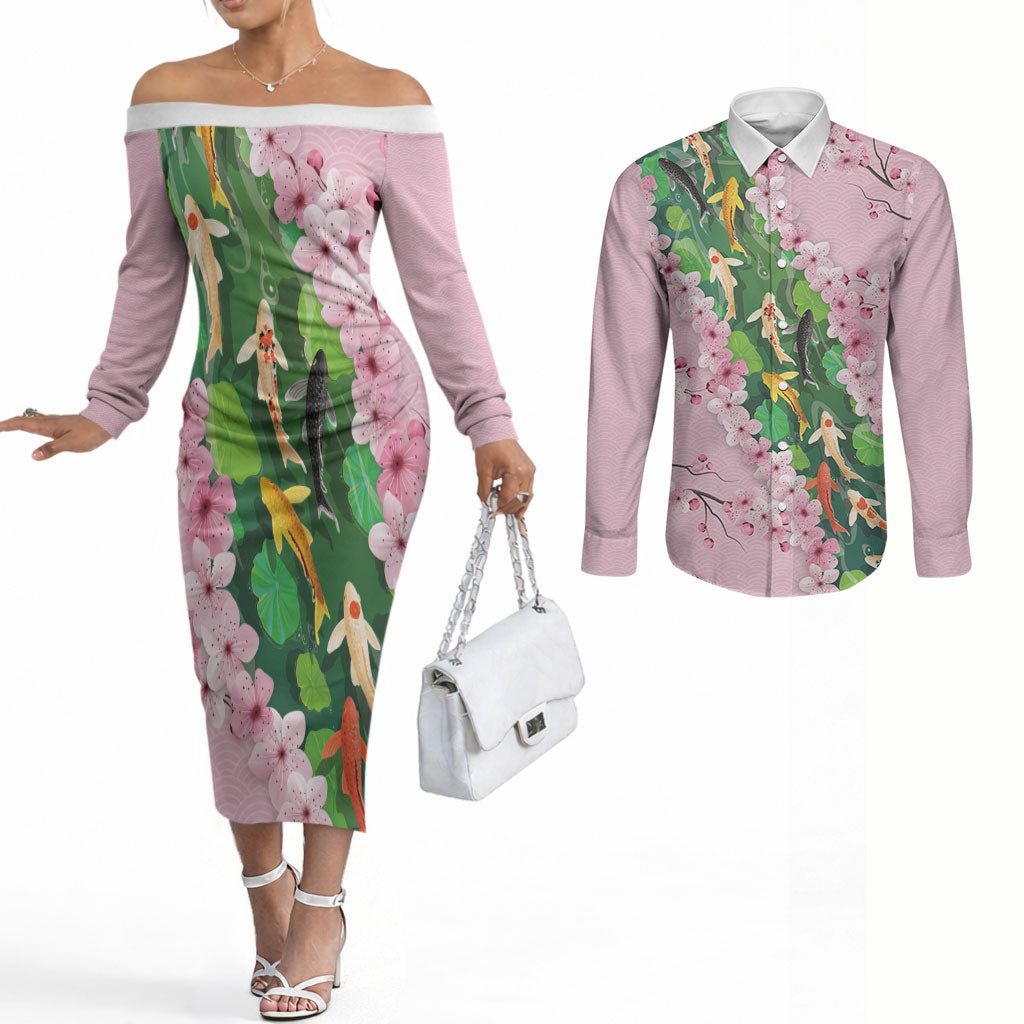 Koi Fish Sakura Japan Couples Matching Off The Shoulder Long Sleeve Dress and Long Sleeve Button Shirt Eternal Flow Cherry Blossom Seigaiha Pattern