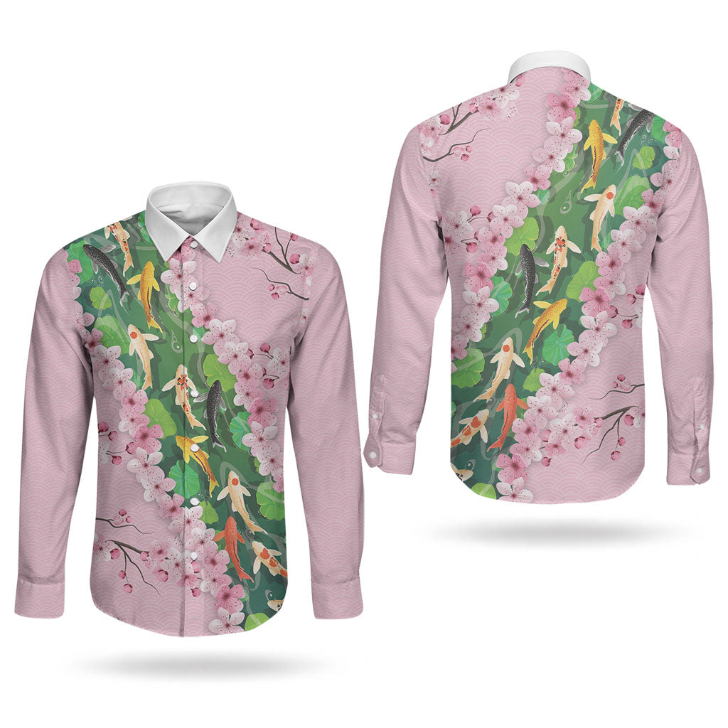 Koi Fish Sakura Japan Couples Matching Off The Shoulder Long Sleeve Dress and Long Sleeve Button Shirt Eternal Flow Cherry Blossom Seigaiha Pattern