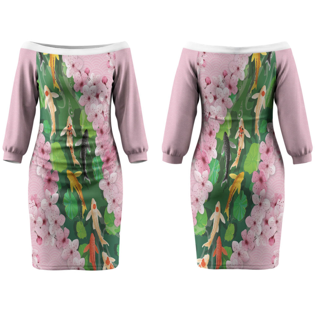 Koi Fish Sakura Japan Couples Matching Off The Shoulder Long Sleeve Dress and Long Sleeve Button Shirt Eternal Flow Cherry Blossom Seigaiha Pattern