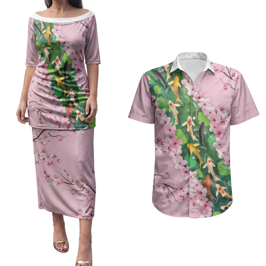 Koi Fish Sakura Japan Couples Matching Puletasi and Hawaiian Shirt Eternal Flow Cherry Blossom Seigaiha Pattern
