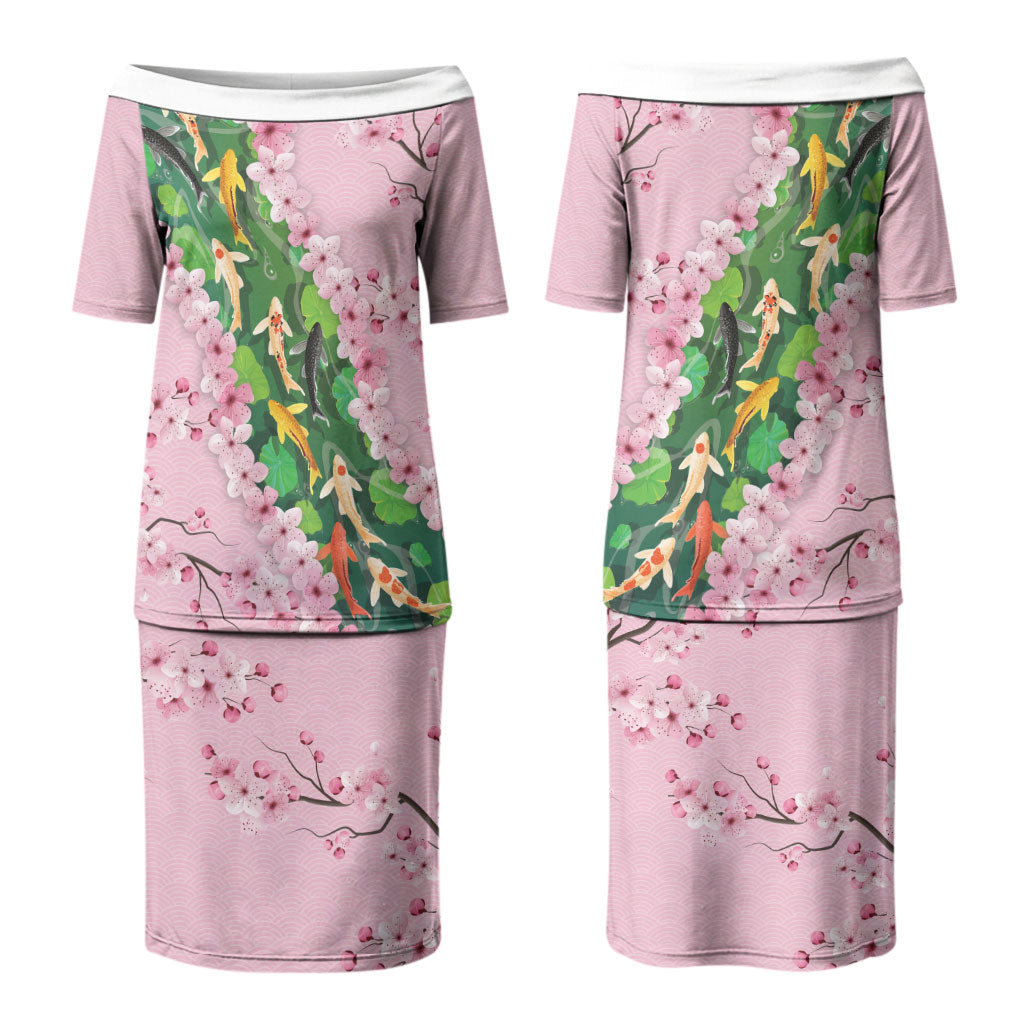 Koi Fish Sakura Japan Couples Matching Puletasi and Long Sleeve Button Shirt Eternal Flow Cherry Blossom Seigaiha Pattern