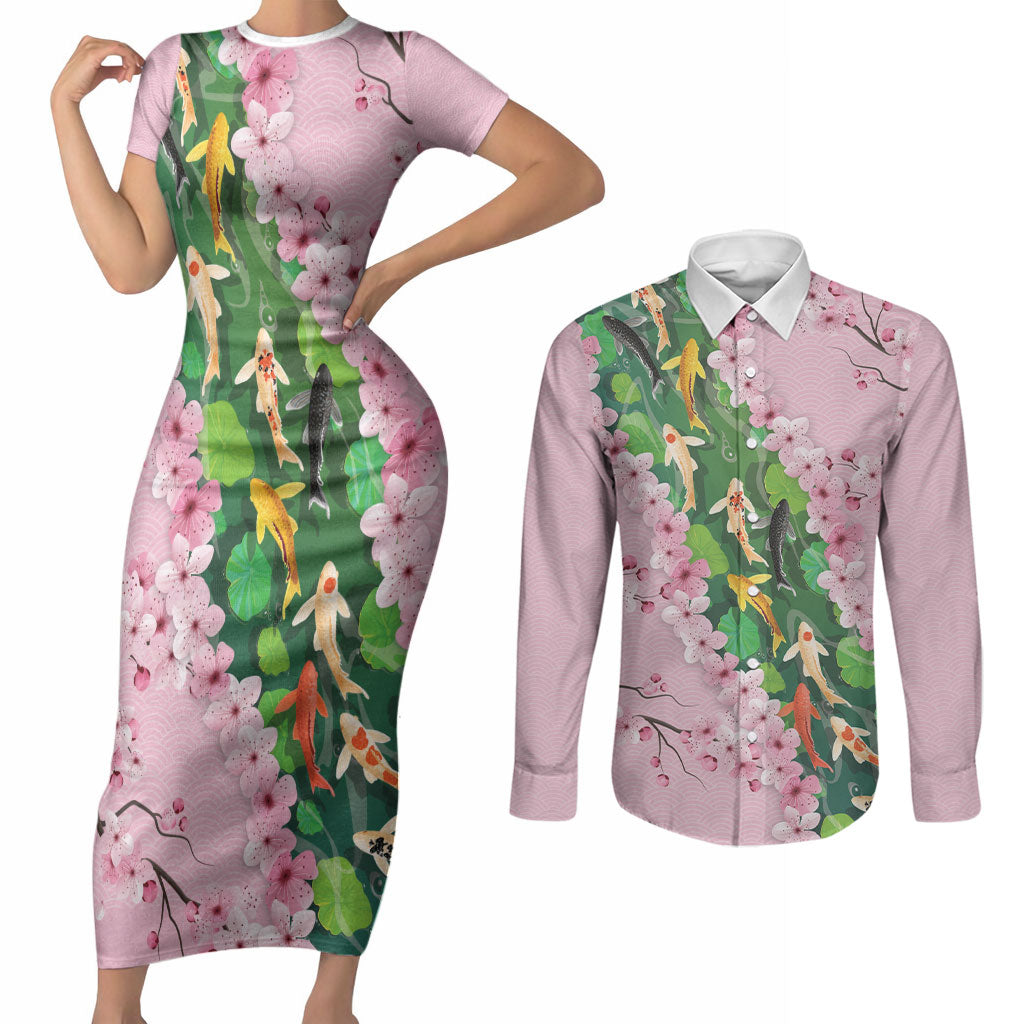 Koi Fish Sakura Japan Couples Matching Short Sleeve Bodycon Dress and Long Sleeve Button Shirt Eternal Flow Cherry Blossom Seigaiha Pattern
