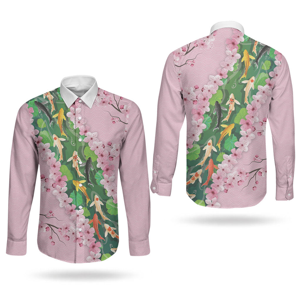 Koi Fish Sakura Japan Couples Matching Summer Maxi Dress and Long Sleeve Button Shirt Eternal Flow Cherry Blossom Seigaiha Pattern