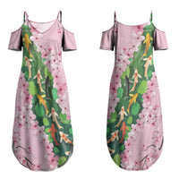 Koi Fish Sakura Japan Couples Matching Summer Maxi Dress and Long Sleeve Button Shirt Eternal Flow Cherry Blossom Seigaiha Pattern