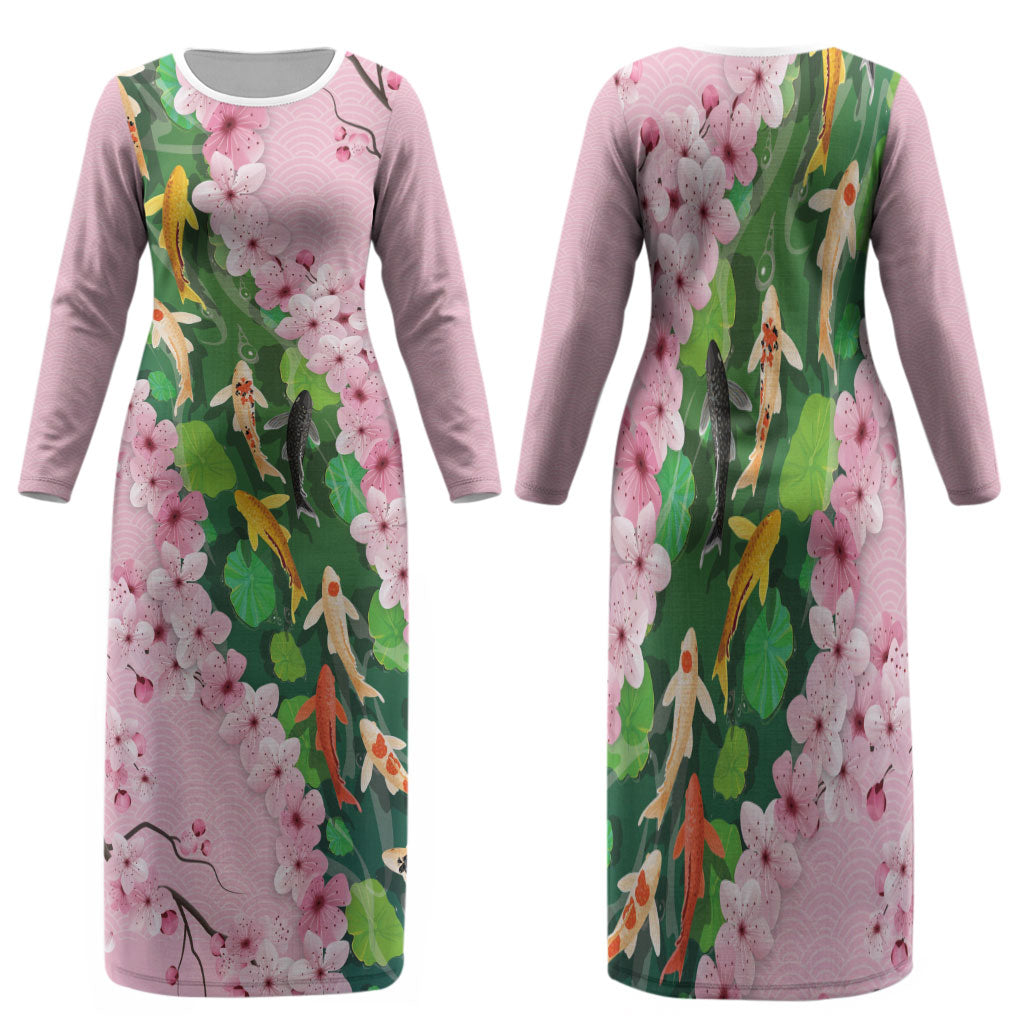 Koi Fish Sakura Japan Family Matching Long Sleeve Bodycon Dress and Hawaiian Shirt Eternal Flow Cherry Blossom Seigaiha Pattern