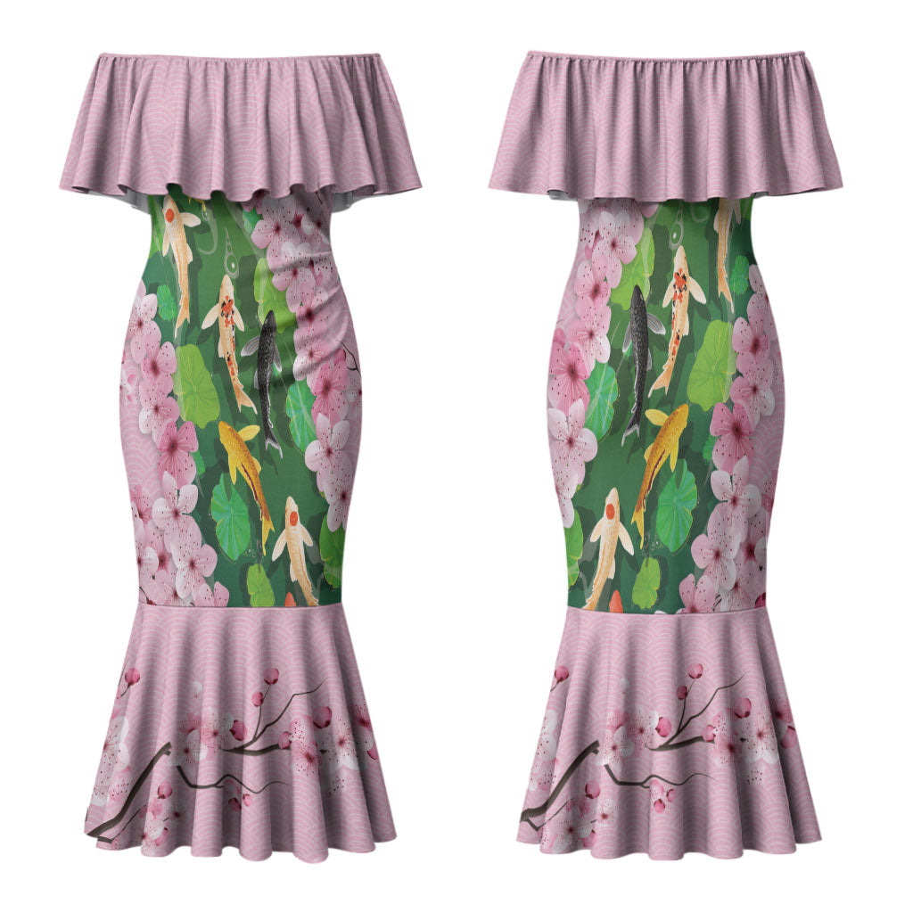 Koi Fish Sakura Japan Family Matching Mermaid Dress and Hawaiian Shirt Eternal Flow Cherry Blossom Seigaiha Pattern