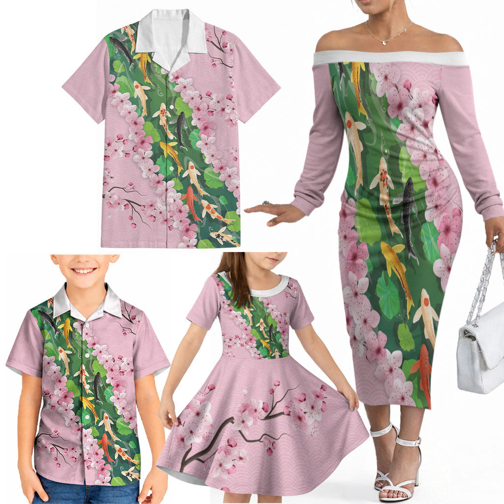 Koi Fish Sakura Japan Family Matching Off The Shoulder Long Sleeve Dress and Hawaiian Shirt Eternal Flow Cherry Blossom Seigaiha Pattern