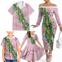 Koi Fish Sakura Japan Family Matching Off The Shoulder Long Sleeve Dress and Hawaiian Shirt Eternal Flow Cherry Blossom Seigaiha Pattern