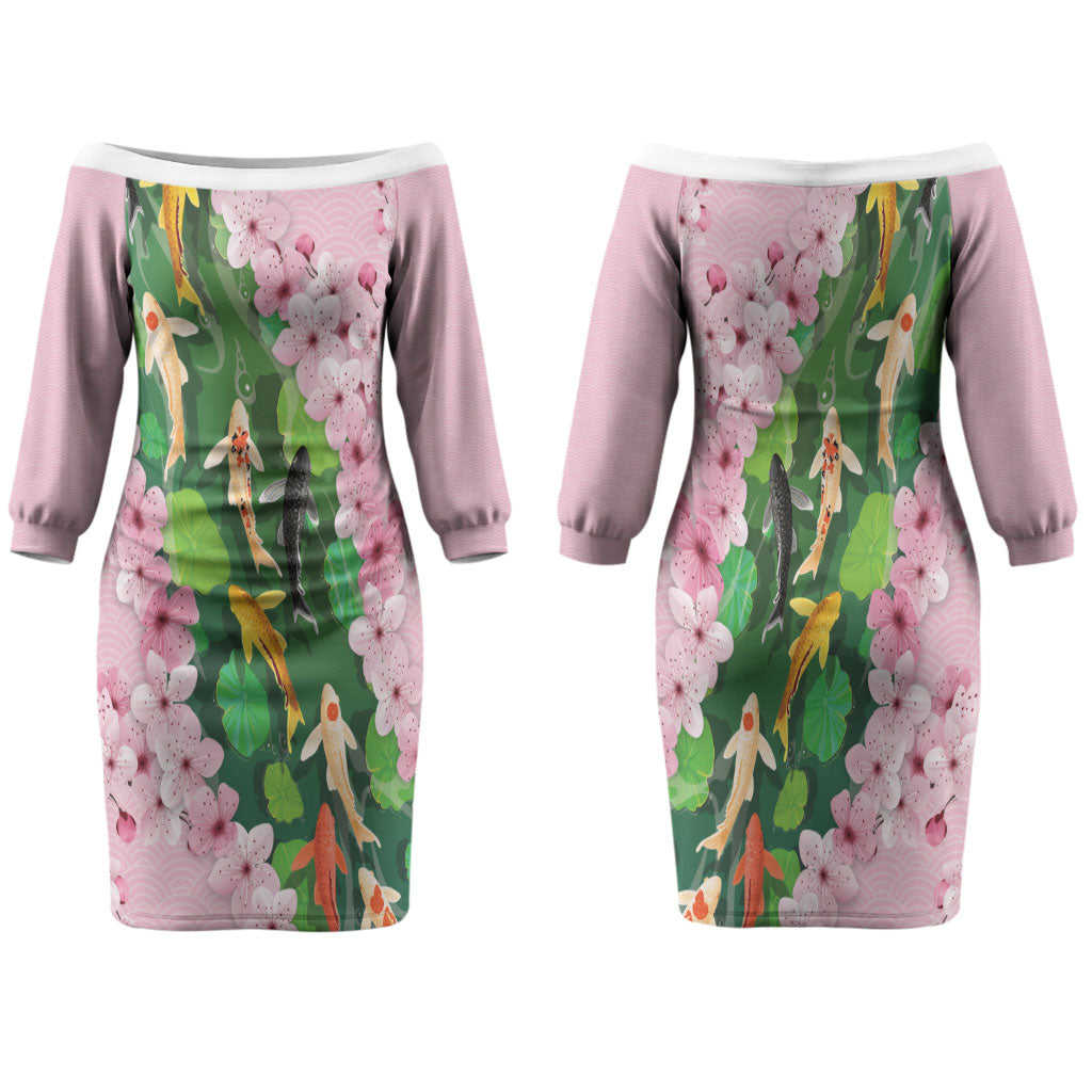 Koi Fish Sakura Japan Family Matching Off The Shoulder Long Sleeve Dress and Hawaiian Shirt Eternal Flow Cherry Blossom Seigaiha Pattern