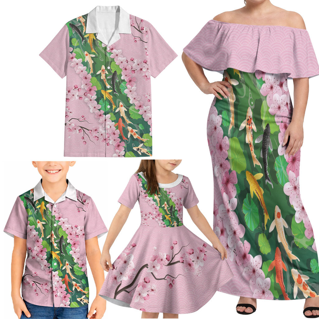 Koi Fish Sakura Japan Family Matching Off Shoulder Maxi Dress and Hawaiian Shirt Eternal Flow Cherry Blossom Seigaiha Pattern
