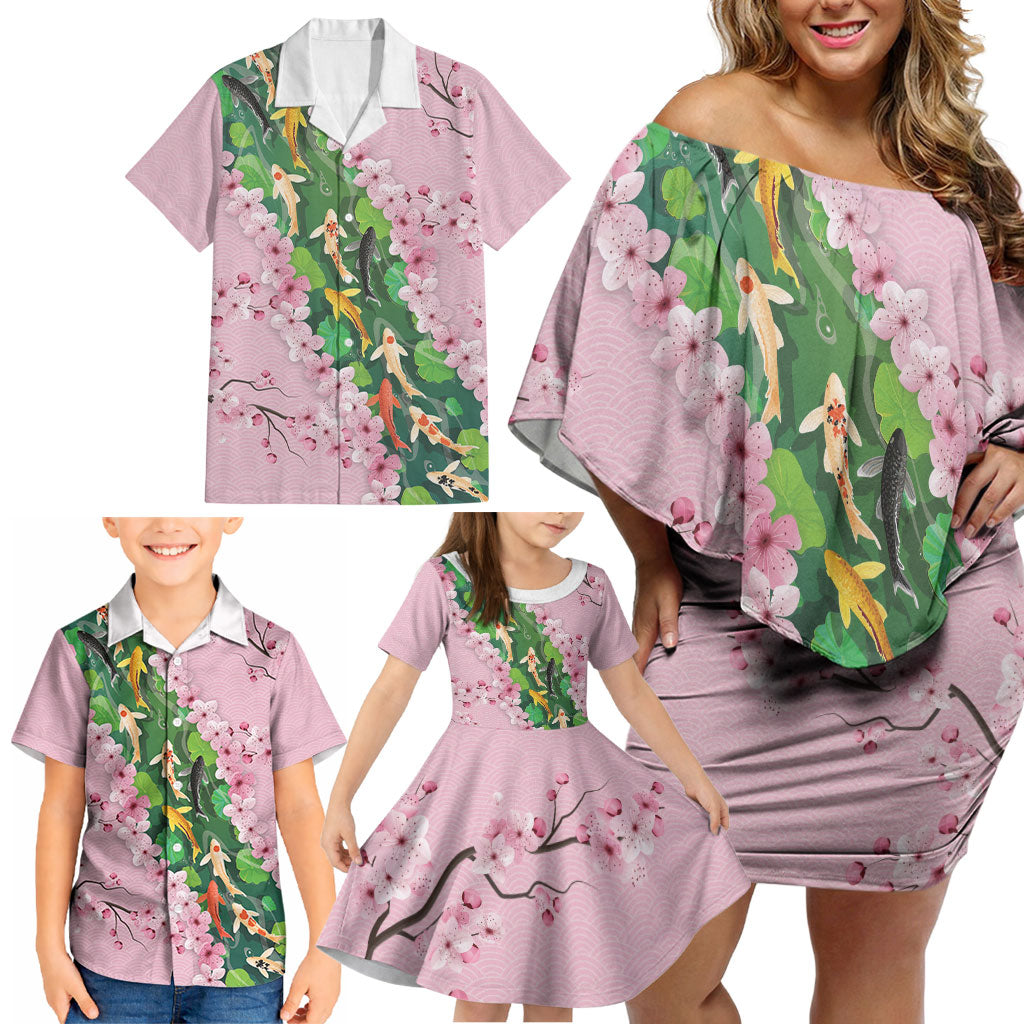 Koi Fish Sakura Japan Family Matching Off Shoulder Short Dress and Hawaiian Shirt Eternal Flow Cherry Blossom Seigaiha Pattern
