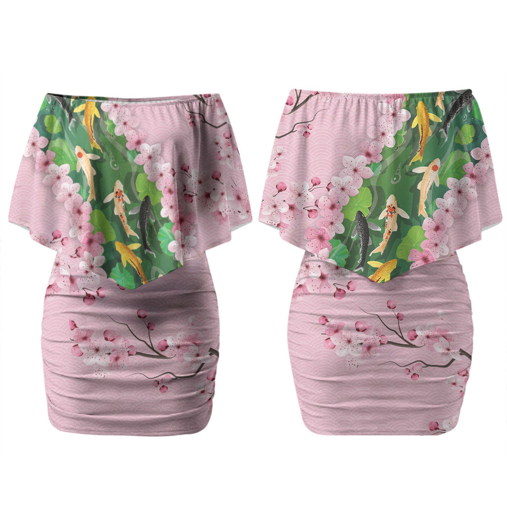 Koi Fish Sakura Japan Family Matching Off Shoulder Short Dress and Hawaiian Shirt Eternal Flow Cherry Blossom Seigaiha Pattern