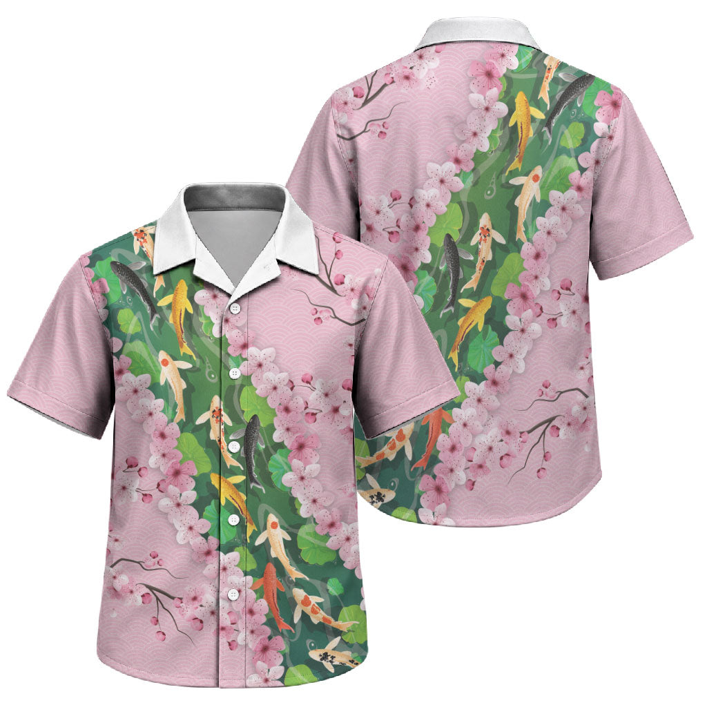 Koi Fish Sakura Japan Family Matching Off Shoulder Short Dress and Hawaiian Shirt Eternal Flow Cherry Blossom Seigaiha Pattern