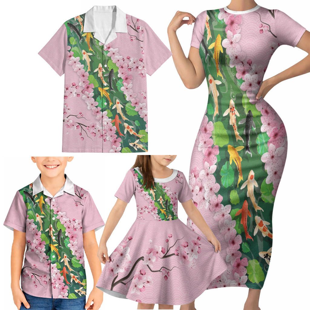 Koi Fish Sakura Japan Family Matching Short Sleeve Bodycon Dress and Hawaiian Shirt Eternal Flow Cherry Blossom Seigaiha Pattern