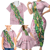 Koi Fish Sakura Japan Family Matching Short Sleeve Bodycon Dress and Hawaiian Shirt Eternal Flow Cherry Blossom Seigaiha Pattern
