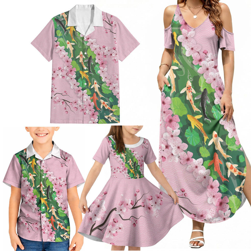 Koi Fish Sakura Japan Family Matching Summer Maxi Dress and Hawaiian Shirt Eternal Flow Cherry Blossom Seigaiha Pattern
