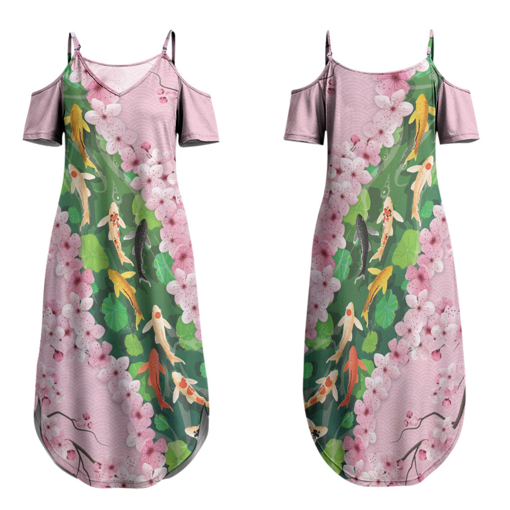 Koi Fish Sakura Japan Family Matching Summer Maxi Dress and Hawaiian Shirt Eternal Flow Cherry Blossom Seigaiha Pattern
